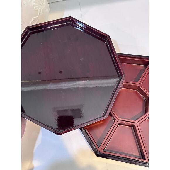 Asian Lacquer Abalone Black Octagonal Compartment Box Large trinket jewelry - Picture 3 of 8